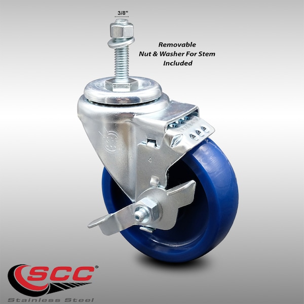 Service Caster 4 Inch SS Solid Polyurethane Swivel 3/8 Inch Threaded Stem Caster with Brake SCC SCC-SSTS20S414-SPUS-TLB-381615 - main